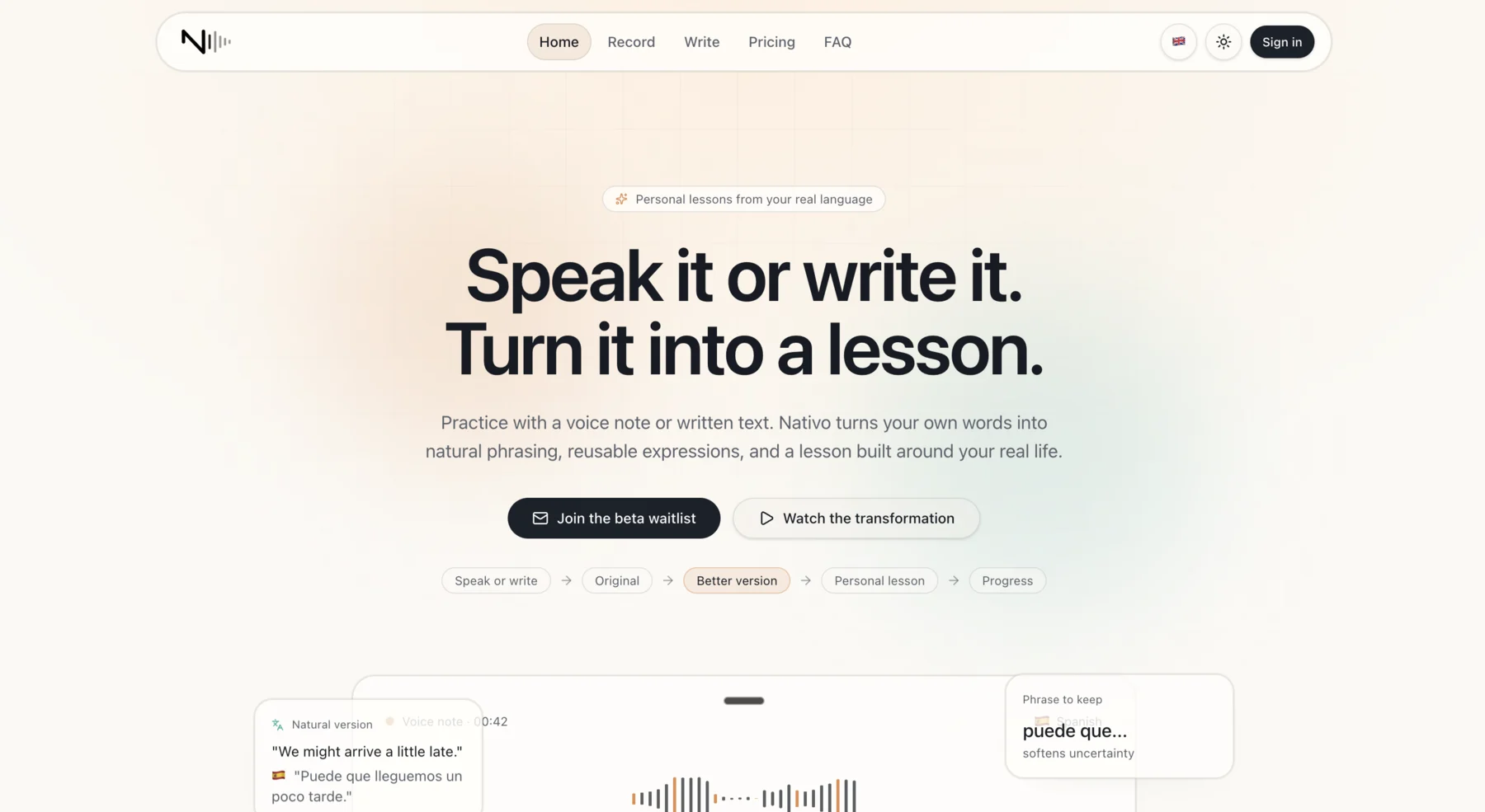 Nativo website explaining how voice notes and written text become language lessons